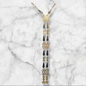 Vintage Art Deco‎ Y-Drop Statement Necklace Gold Egyptian Revival 16" + 12" Drop